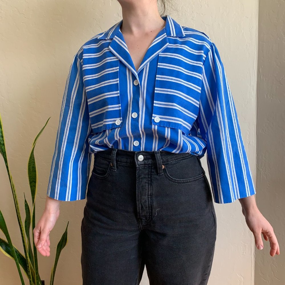 Vintage blue and white stripe button down 80s preppy nautical - Picture 1 of 9